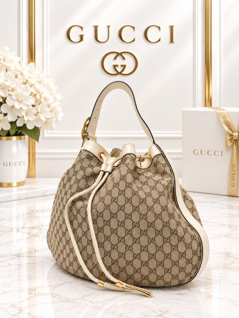 Authentic Gucci GG Canvas Drawstring Hobo Shoulder Bag